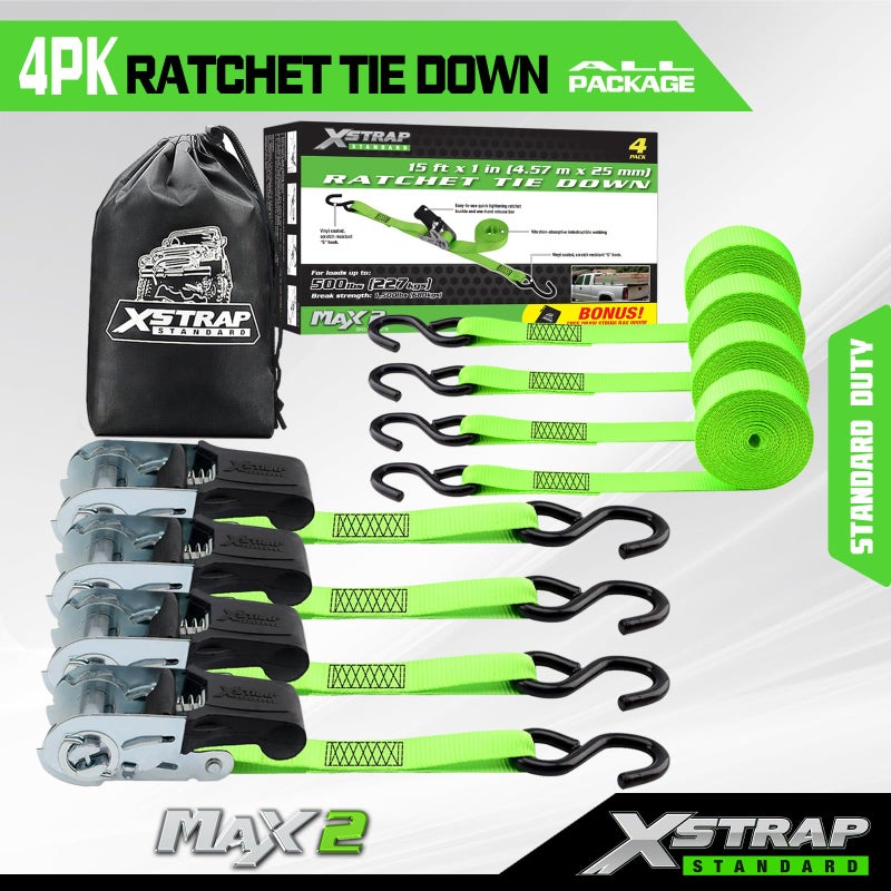 XSTRAP STANDARD Ratchet Tie Down Straps 4 Pk 15Ft- 500 Lbs Load Cap- 1500 Lb Break Strength-Cargo Straps for Moving Appliances, Lawn Equipment, Motorcycle - Image 2